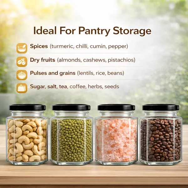 Cocinaire_250ml_Hexagon_Glass_Storage_Jar_with_Black_Metal_Screw_Lid,_Airtight_Clear_Kitchen_Container_for_Spices,_Dry_Fruits,_Pulses,_Grains_&_Pantry_Organization,_Leak_Proof_Food_Grade_Jar_(Pack_of_6)