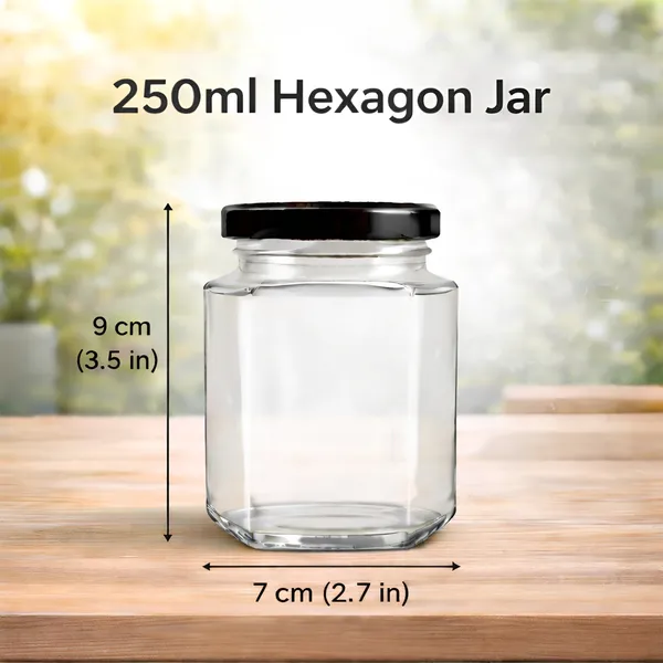 Cocinaire_250ml_Hexagon_Glass_Storage_Jar_with_Black_Metal_Screw_Lid,_Airtight_Clear_Kitchen_Container_for_Spices,_Dry_Fruits,_Pulses,_Grains_&_Pantry_Organization,_Leak_Proof_Food_Grade_Jar_(Pack_of_6)