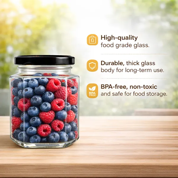 Cocinaire_250ml_Hexagon_Glass_Storage_Jar_with_Black_Metal_Screw_Lid,_Airtight_Clear_Kitchen_Container_for_Spices,_Dry_Fruits,_Pulses,_Grains_&_Pantry_Organization,_Leak_Proof_Food_Grade_Jar_(Pack_of_6)