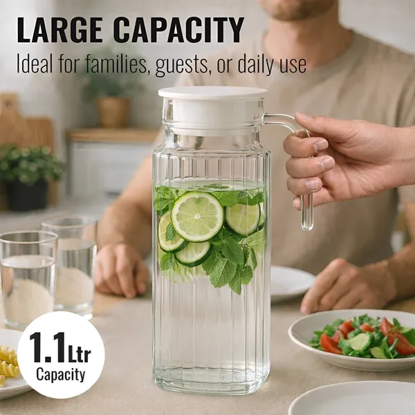 Cocinaire_1100ml_Square_Lining_Glass_Water_Jug_with_Plastic_Lid_&_Handle,_Leakproof_Beverage_Pitcher,_BPA_Free_Juice_Milk_Lemonade_Iced_Tea_Carafe,_Large_Capacity_Kitchen_Fridge_Drink_Dispenser_(Pack_of_1)