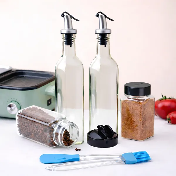 Cocinaire_2-500ml_Glass_Oil_Dispenser_Bottle_Set_with_Stainless_Steel_Drip-Free_Pour_Spout,_2-100ml_Flip-Top_Spice_Jars_for_Dry_Spices_&_Herbs,_Silicone_1-Spatula_and_1-Oil_Brush_�_Kitchen_Cooking_&_BBQ_Storage_(Pack_of_6)