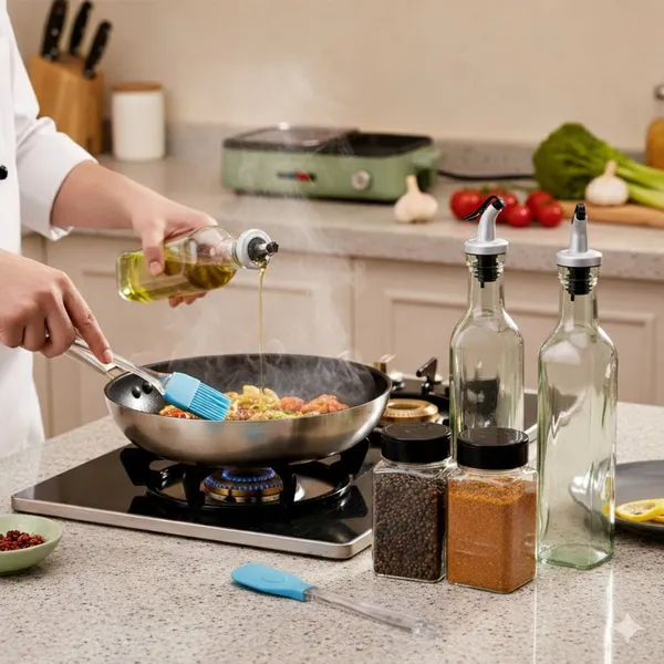 Cocinaire_2-500ml_Glass_Oil_Dispenser_Bottle_Set_with_Stainless_Steel_Drip-Free_Pour_Spout,_2-100ml_Flip-Top_Spice_Jars_for_Dry_Spices_&_Herbs,_Silicone_1-Spatula_and_1-Oil_Brush_�_Kitchen_Cooking_&_BBQ_Storage_(Pack_of_6)