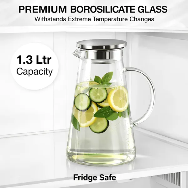 Cocinaire_1300ml_Borosilicate_Glass_Water_Jug_Pitcher_with_Stainless_Steel_Lid_&_Filter,_Heat_Resistant_Beverage_Carafe,_Non-Drip_Spout,_Large_Juice_Lemonade_Iced_Tea_Fridge_Safe_Serving_Pitcher_(Pack_of_1)