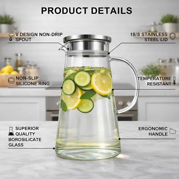 Cocinaire_1300ml_Borosilicate_Glass_Water_Jug_Pitcher_with_Stainless_Steel_Lid_&_Filter,_Heat_Resistant_Beverage_Carafe,_Non-Drip_Spout,_Large_Juice_Lemonade_Iced_Tea_Fridge_Safe_Serving_Pitcher_(Pack_of_1)