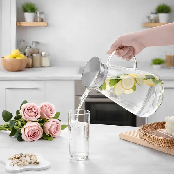 Cocinaire_1300ml_Borosilicate_Glass_Water_Jug_Pitcher_with_Stainless_Steel_Lid_&_Filter,_Heat_Resistant_Beverage_Carafe,_Non-Drip_Spout,_Large_Juice_Lemonade_Iced_Tea_Fridge_Safe_Serving_Pitcher_(Pack_of_1)