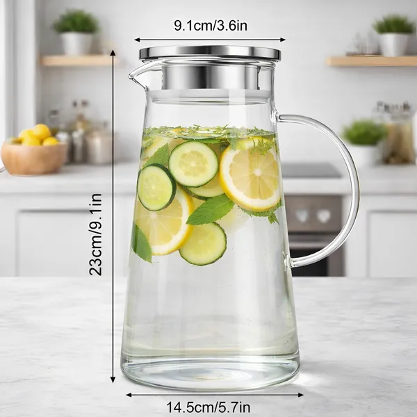 Cocinaire_1300ml_Borosilicate_Glass_Water_Jug_Pitcher_with_Stainless_Steel_Lid_&_Filter,_Heat_Resistant_Beverage_Carafe,_Non-Drip_Spout,_Large_Juice_Lemonade_Iced_Tea_Fridge_Safe_Serving_Pitcher_(Pack_of_1)
