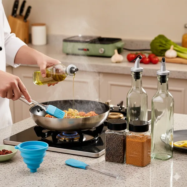 Cocinaire_2-500ml_Glass_Oil_Dispenser_Bottle_Set_with_Stainless_Steel_Drip-Free_Pour_Spout,_2-100ml_Flip-Top_Spice_Jars,_Silicone_1-Spatula,_1-Oil_Brush_&_1-Collapsible_Funnel_�_Kitchen_Cooking_&_BBQ_Combo_(Pack_of_7)