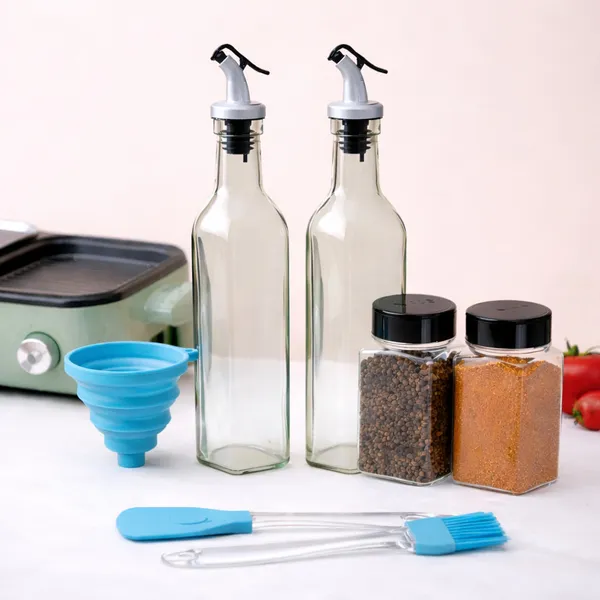 Cocinaire_2-500ml_Glass_Oil_Dispenser_Bottle_Set_with_Stainless_Steel_Drip-Free_Pour_Spout,_2-100ml_Flip-Top_Spice_Jars,_Silicone_1-Spatula,_1-Oil_Brush_&_1-Collapsible_Funnel_�_Kitchen_Cooking_&_BBQ_Combo_(Pack_of_7)