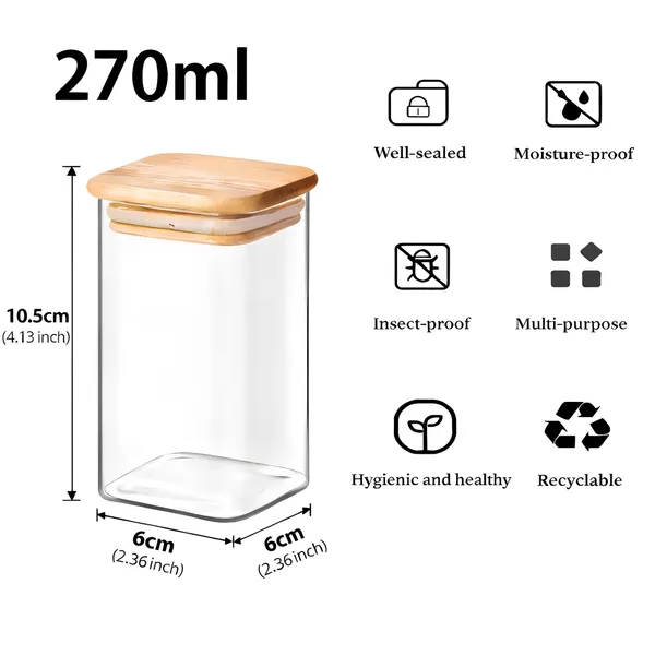 Cocinaire_270ml_Square_Glass_Storage_Jar_with_Bamboo_Lid,_Airtight_Silicone_Seal_Borosilicate_Clear_Kitchen_Container_for_Spices,_Nuts,_Dry_Fruits,_Grains_&_Pantry_Organization,_Moisture_Proof_Food_Storage_Box_(Pack_of_4)
