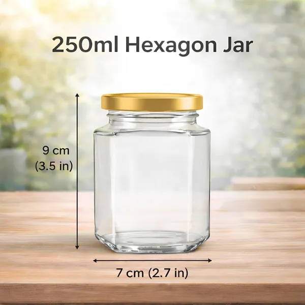 Cocinaire_250ml_Hexagon_Glass_Storage_Jar_with_Golden_Metal_Screw_Lid,_Airtight_Clear_Kitchen_Container_for_Spices,_Dry_Fruits,_Pulses,_Grains_&_Pantry_Organization,_Leak_Proof_Food_Grade_Jar_(Pack_of_6)