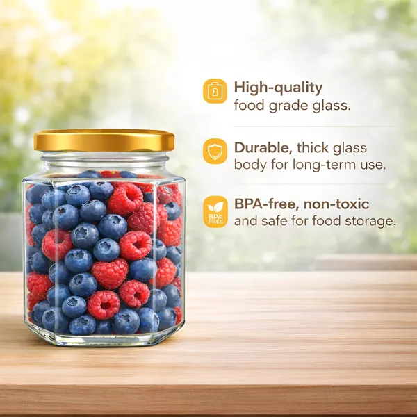 Cocinaire_250ml_Hexagon_Glass_Storage_Jar_with_Golden_Metal_Screw_Lid,_Airtight_Clear_Kitchen_Container_for_Spices,_Dry_Fruits,_Pulses,_Grains_&_Pantry_Organization,_Leak_Proof_Food_Grade_Jar_(Pack_of_6)
