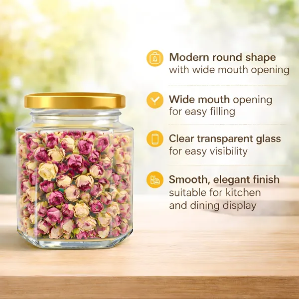 Cocinaire_250ml_Hexagon_Glass_Storage_Jar_with_Golden_Metal_Screw_Lid,_Airtight_Clear_Kitchen_Container_for_Spices,_Dry_Fruits,_Pulses,_Grains_&_Pantry_Organization,_Leak_Proof_Food_Grade_Jar_(Pack_of_6)
