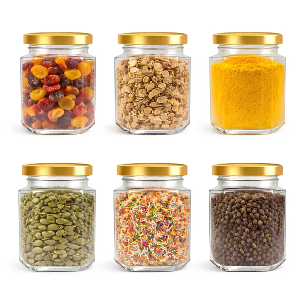 Cocinaire_250ml_Hexagon_Glass_Storage_Jar_with_Golden_Metal_Screw_Lid,_Airtight_Clear_Kitchen_Container_for_Spices,_Dry_Fruits,_Pulses,_Grains_&_Pantry_Organization,_Leak_Proof_Food_Grade_Jar_(Pack_of_6)