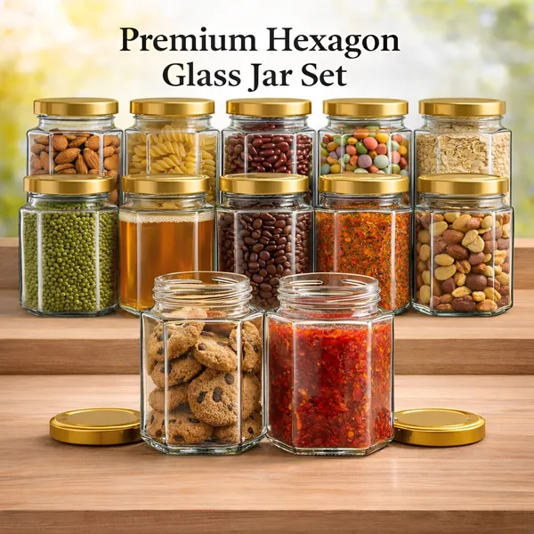Cocinaire_250ml_Hexagon_Glass_Storage_Jar_with_Golden_Metal_Screw_Lid,_Airtight_Clear_Kitchen_Container_for_Spices,_Dry_Fruits,_Pulses,_Grains_&_Pantry_Organization,_Leak_Proof_Food_Grade_Jar_(Pack_of_6)