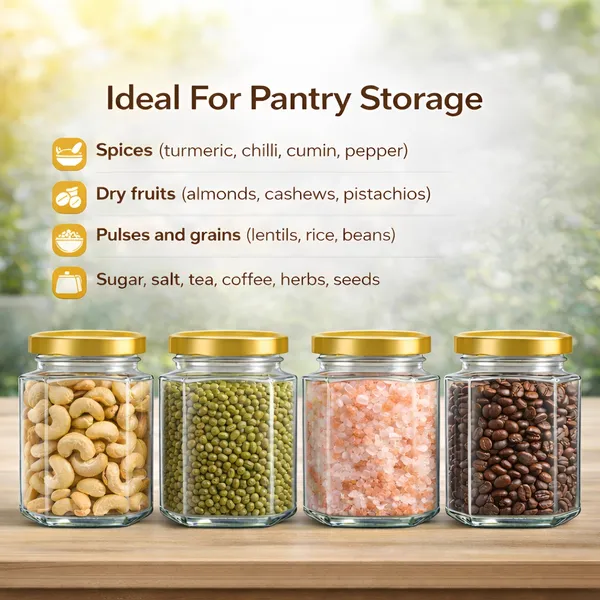 Cocinaire_250ml_Hexagon_Glass_Storage_Jar_with_Golden_Metal_Screw_Lid,_Airtight_Clear_Kitchen_Container_for_Spices,_Dry_Fruits,_Pulses,_Grains_&_Pantry_Organization,_Leak_Proof_Food_Grade_Jar_(Pack_of_6)