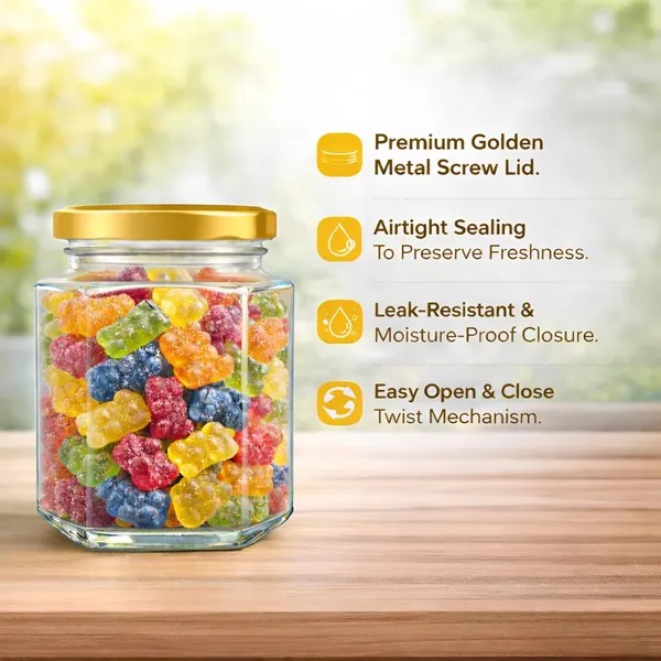 Cocinaire_250ml_Hexagon_Glass_Storage_Jar_with_Golden_Metal_Screw_Lid,_Airtight_Clear_Kitchen_Container_for_Spices,_Dry_Fruits,_Pulses,_Grains_&_Pantry_Organization,_Leak_Proof_Food_Grade_Jar_(Pack_of_6)