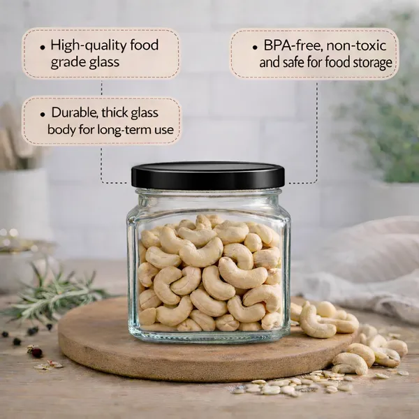 Cocinaire_250ml_Square_Glass_Jar_Airtight_Storage_Container_with_Black_Metal_Screw_Lid,_Food_Grade_Transparent_Glass,_Leak_Proof_Kitchen_Pantry_Jar_for_Spices,_Dry_Fruits,_Pulses_&_Grains_(Pack_of_12)
