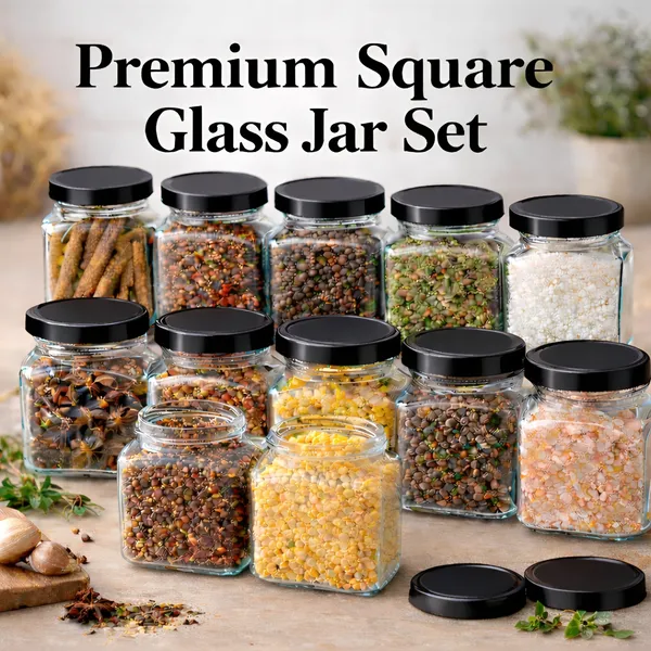 Cocinaire_250ml_Square_Glass_Jar_Airtight_Storage_Container_with_Black_Metal_Screw_Lid,_Food_Grade_Transparent_Glass,_Leak_Proof_Kitchen_Pantry_Jar_for_Spices,_Dry_Fruits,_Pulses_&_Grains_(Pack_of_12)