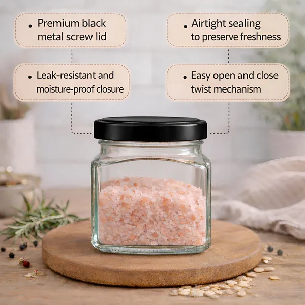 Cocinaire_250ml_Square_Glass_Jar_Airtight_Storage_Container_with_Black_Metal_Screw_Lid,_Food_Grade_Transparent_Glass,_Leak_Proof_Kitchen_Pantry_Jar_for_Spices,_Dry_Fruits,_Pulses_&_Grains_(Pack_of_12)
