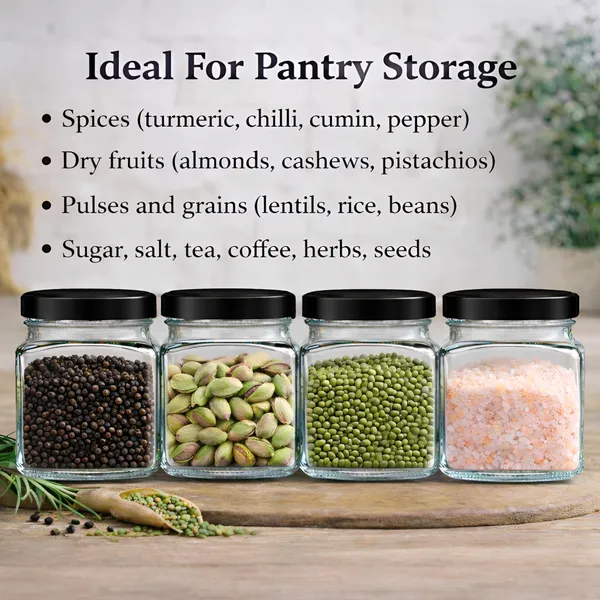 Cocinaire_250ml_Square_Glass_Jar_Airtight_Storage_Container_with_Black_Metal_Screw_Lid,_Food_Grade_Transparent_Glass,_Leak_Proof_Kitchen_Pantry_Jar_for_Spices,_Dry_Fruits,_Pulses_&_Grains_(Pack_of_6)