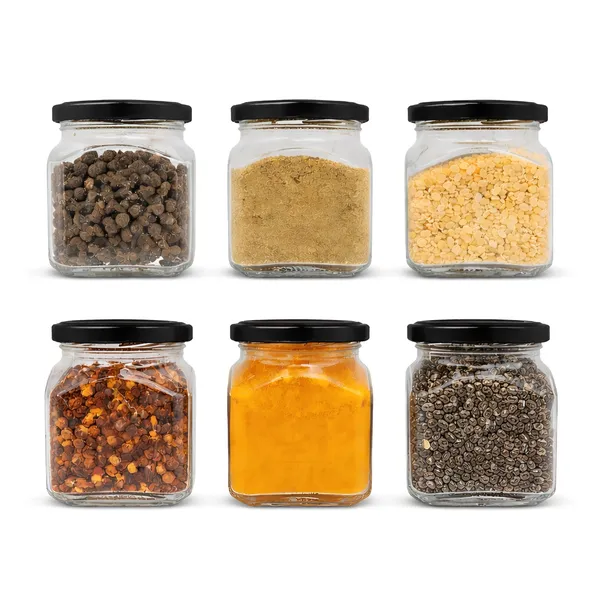 Cocinaire_250ml_Square_Glass_Jar_Airtight_Storage_Container_with_Black_Metal_Screw_Lid,_Food_Grade_Transparent_Glass,_Leak_Proof_Kitchen_Pantry_Jar_for_Spices,_Dry_Fruits,_Pulses_&_Grains_(Pack_of_6)