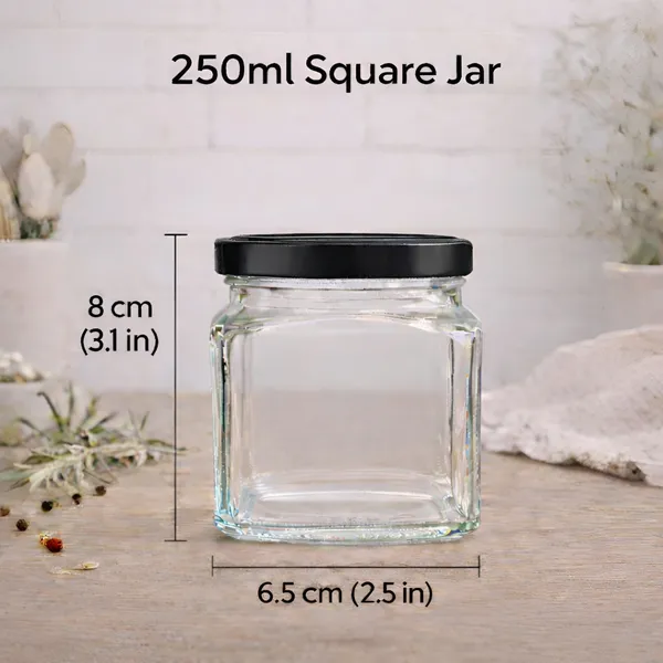 Cocinaire_250ml_Square_Glass_Jar_Airtight_Storage_Container_with_Black_Metal_Screw_Lid,_Food_Grade_Transparent_Glass,_Leak_Proof_Kitchen_Pantry_Jar_for_Spices,_Dry_Fruits,_Pulses_&_Grains_(Pack_of_6)
