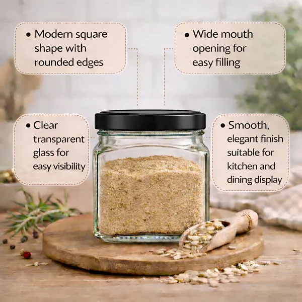 Cocinaire_250ml_Square_Glass_Jar_Airtight_Storage_Container_with_Black_Metal_Screw_Lid,_Food_Grade_Transparent_Glass,_Leak_Proof_Kitchen_Pantry_Jar_for_Spices,_Dry_Fruits,_Pulses_&_Grains_(Pack_of_6)