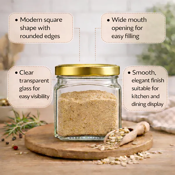 Cocinaire_250ml_Square_Glass_Jar_Airtight_Storage_Container_with_Golden_Metal_Screw_Lid,_Food_Grade_Transparent_Glass,_Leak_Proof_Kitchen_Pantry_Jar_for_Spices,_Dry_Fruits,_Pulses_&_Grains_(Pack_of_12)