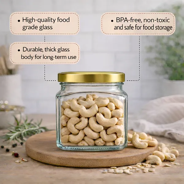 Cocinaire_250ml_Square_Glass_Jar_Airtight_Storage_Container_with_Golden_Metal_Screw_Lid,_Food_Grade_Transparent_Glass,_Leak_Proof_Kitchen_Pantry_Jar_for_Spices,_Dry_Fruits,_Pulses_&_Grains_(Pack_of_12)