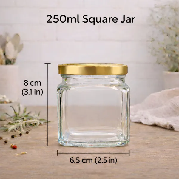 Cocinaire_250ml_Square_Glass_Jar_Airtight_Storage_Container_with_Golden_Metal_Screw_Lid,_Food_Grade_Transparent_Glass,_Leak_Proof_Kitchen_Pantry_Jar_for_Spices,_Dry_Fruits,_Pulses_&_Grains_(Pack_of_12)