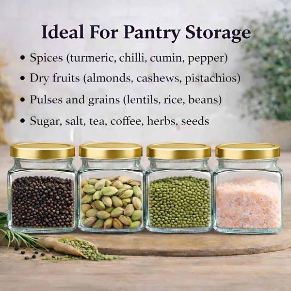 Cocinaire_250ml_Square_Glass_Jar_Airtight_Storage_Container_with_Golden_Metal_Screw_Lid,_Food_Grade_Transparent_Glass,_Leak_Proof_Kitchen_Pantry_Jar_for_Spices,_Dry_Fruits,_Pulses_&_Grains_(Pack_of_12)
