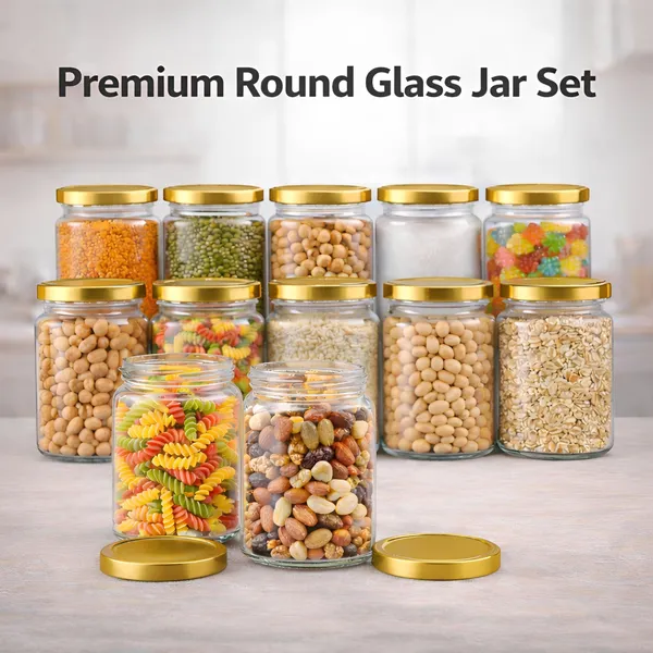 Cocinaire_500ml_Round_Glass_Jar_Airtight_Storage_Container_with_Golden_Metal_Screw_Lid_�_Food_Grade_Clear_Kitchen_Pantry_Jar_for_Spices,_Dry_Fruits,_Pulses,_Sugar_&_Coffee_(Pack_of_12)