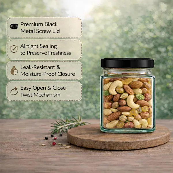 Cocinaire_350ml_Square_Glass_Jar_with_Airtight_Black_Metal_Lid_�_Premium_Food_Grade_Kitchen_Storage_Container_for_Spices,_Dry_Fruits,_Pulses,_Grains,_Pantry_Organizer,_BPA_Free_(Pack_of_6)