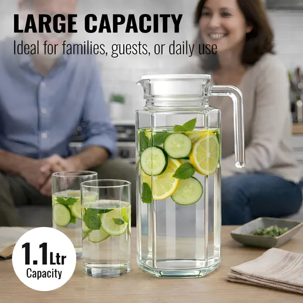 Cocinaire_1100ml_Hexagon_Glass_Water_Jug_with_Plastic_Lid_&_Handle_�_Transparent_Beverage_Pitcher_Carafe_for_Water,_Juice,_Lemonade,_Iced_Tea,_Milk_�_Leakproof_Kitchen_Drink_Dispenser_for_Home_&_Dining_(Pack_of_1)