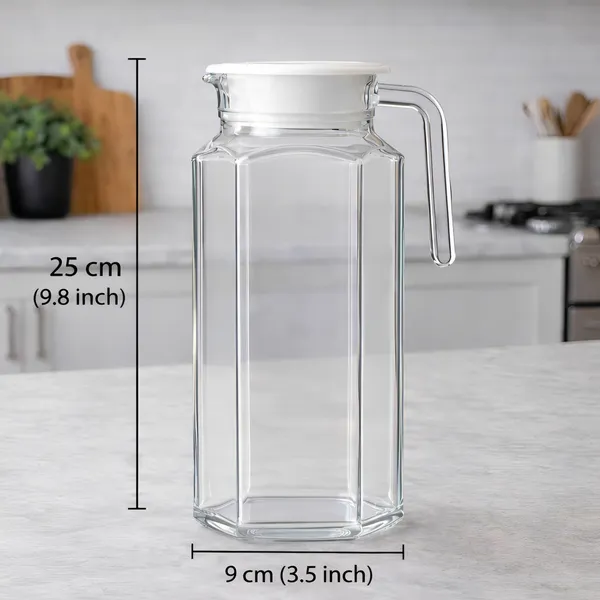 Cocinaire_1100ml_Hexagon_Glass_Water_Jug_with_Plastic_Lid_&_Handle_�_Transparent_Beverage_Pitcher_Carafe_for_Water,_Juice,_Lemonade,_Iced_Tea,_Milk_�_Leakproof_Kitchen_Drink_Dispenser_for_Home_&_Dining_(Pack_of_1)