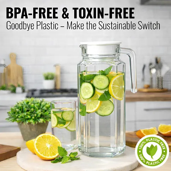 Cocinaire_1100ml_Hexagon_Glass_Water_Jug_with_Plastic_Lid_&_Handle_�_Transparent_Beverage_Pitcher_Carafe_for_Water,_Juice,_Lemonade,_Iced_Tea,_Milk_�_Leakproof_Kitchen_Drink_Dispenser_for_Home_&_Dining_(Pack_of_1)