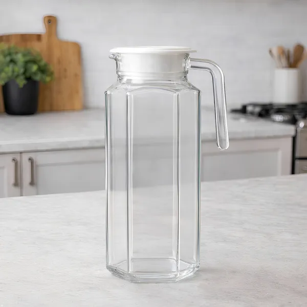Cocinaire_1100ml_Hexagon_Glass_Water_Jug_with_Plastic_Lid_&_Handle_�_Transparent_Beverage_Pitcher_Carafe_for_Water,_Juice,_Lemonade,_Iced_Tea,_Milk_�_Leakproof_Kitchen_Drink_Dispenser_for_Home_&_Dining_(Pack_of_1)