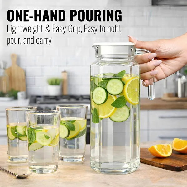 Cocinaire_1100ml_Hexagon_Glass_Water_Jug_with_Plastic_Lid_&_Handle_�_Transparent_Beverage_Pitcher_Carafe_for_Water,_Juice,_Lemonade,_Iced_Tea,_Milk_�_Leakproof_Kitchen_Drink_Dispenser_for_Home_&_Dining_(Pack_of_1)