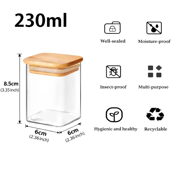 Cocinaire_230ml_Square_Glass_Storage_Jar_with_Bamboo_Lid,_Airtight_Silicone_Seal_Borosilicate_Clear_Kitchen_Container_for_Spices,_Nuts,_Dry_Fruits,_Grains_&_Pantry_Organization,_Moisture_Proof_Food_Storage_Box_(Pack_of_8)