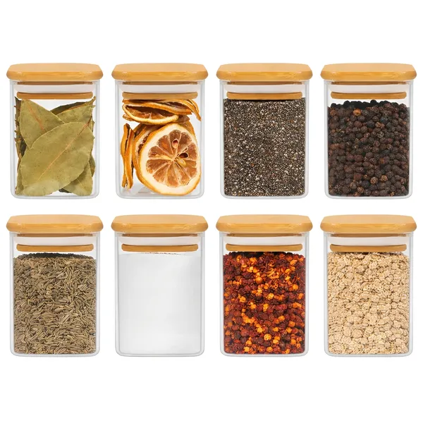 Cocinaire_230ml_Square_Glass_Storage_Jar_with_Bamboo_Lid,_Airtight_Silicone_Seal_Borosilicate_Clear_Kitchen_Container_for_Spices,_Nuts,_Dry_Fruits,_Grains_&_Pantry_Organization,_Moisture_Proof_Food_Storage_Box_(Pack_of_8)