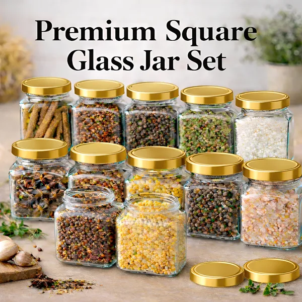 Cocinaire_250ml_Square_Glass_Jar_Airtight_Storage_Container_with_Golden_Metal_Screw_Lid,_Food_Grade_Transparent_Glass,_Leak_Proof_Kitchen_Pantry_Jar_for_Spices,_Dry_Fruits,_Pulses_&_Grains_(Pack_of_6)