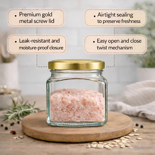Cocinaire_250ml_Square_Glass_Jar_Airtight_Storage_Container_with_Golden_Metal_Screw_Lid,_Food_Grade_Transparent_Glass,_Leak_Proof_Kitchen_Pantry_Jar_for_Spices,_Dry_Fruits,_Pulses_&_Grains_(Pack_of_6)