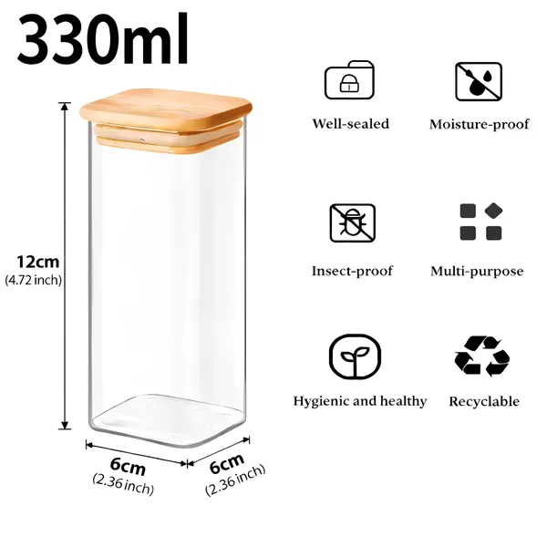 Cocinaire_330ml_Square_Glass_Storage_Jar_with_Bamboo_Lid,_Airtight_Silicone_Seal_Borosilicate_Clear_Kitchen_Container_for_Spices,_Nuts,_Dry_Fruits,_Grains_&_Pantry_Organization,_Moisture_Proof_Food_Storage_Box_(Pack_of_6)