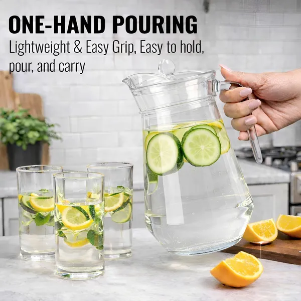 Cocinaire_1300ml_Glass_Water_Jug_with_Plastic_Lid_�_BPA_Free_Transparent_Pitcher,_Leakproof_Beverage_Carafe_with_Handle,_Juice_Lemon_Water_Jug,_Iced_Tea_Pitcher,_Kitchen_Serving_Drink_Dispenser_for_Home_&_Dining_(Pack_of_1)
