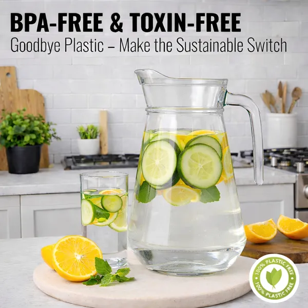 Cocinaire_1300ml_Glass_Water_Jug_with_Plastic_Lid_�_BPA_Free_Transparent_Pitcher,_Leakproof_Beverage_Carafe_with_Handle,_Juice_Lemon_Water_Jug,_Iced_Tea_Pitcher,_Kitchen_Serving_Drink_Dispenser_for_Home_&_Dining_(Pack_of_1)