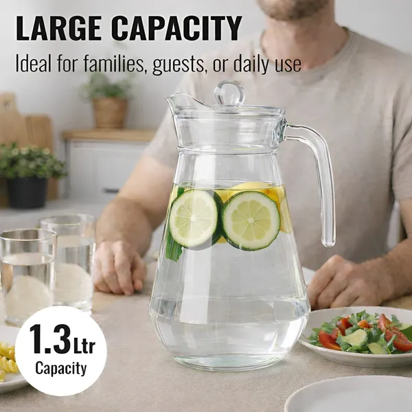 Cocinaire_1300ml_Glass_Water_Jug_with_Plastic_Lid_�_BPA_Free_Transparent_Pitcher,_Leakproof_Beverage_Carafe_with_Handle,_Juice_Lemon_Water_Jug,_Iced_Tea_Pitcher,_Kitchen_Serving_Drink_Dispenser_for_Home_&_Dining_(Pack_of_1)