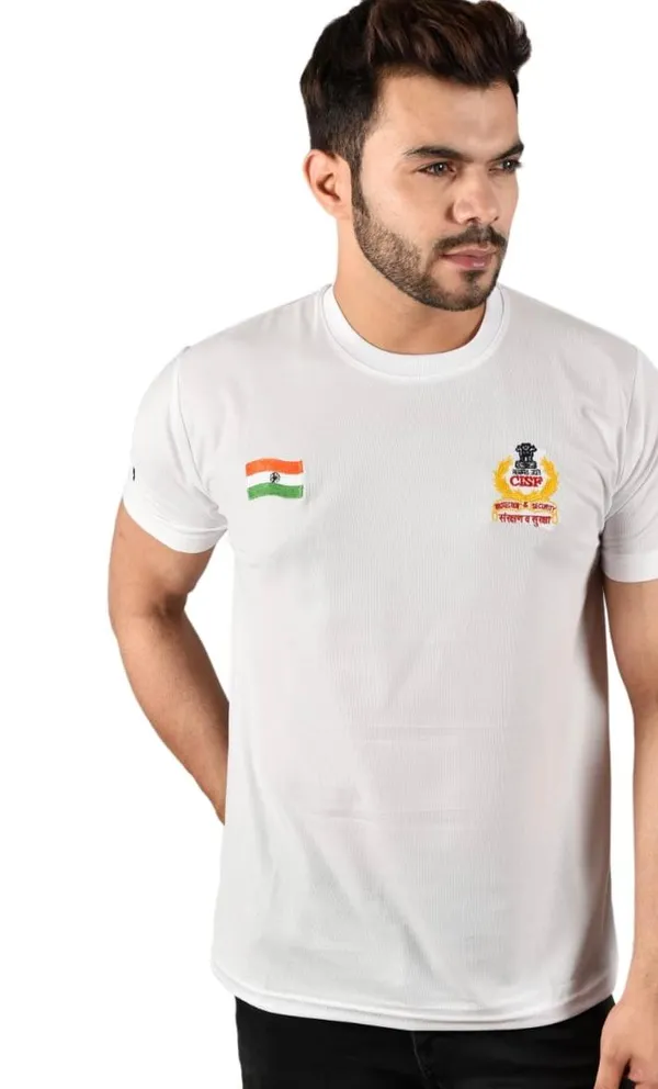 White_Cisf_Indian_National_Flag_Tiranga_Logo_Round_Neck_T_Shirt_Half_Sleeve_Army_Military_Defence_For_Men