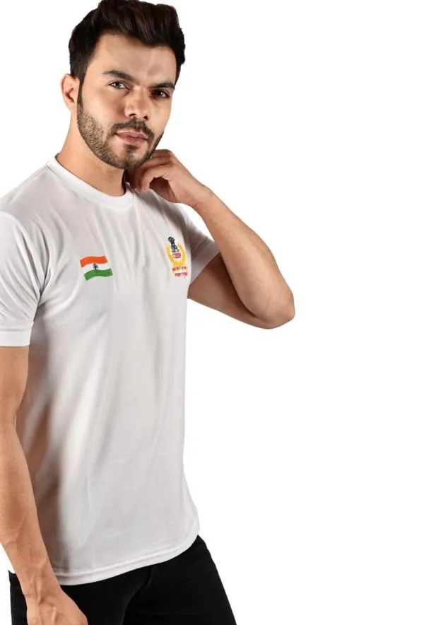 White_Cisf_Indian_National_Flag_Tiranga_Logo_Round_Neck_T_Shirt_Half_Sleeve_Army_Military_Defence_For_Men
