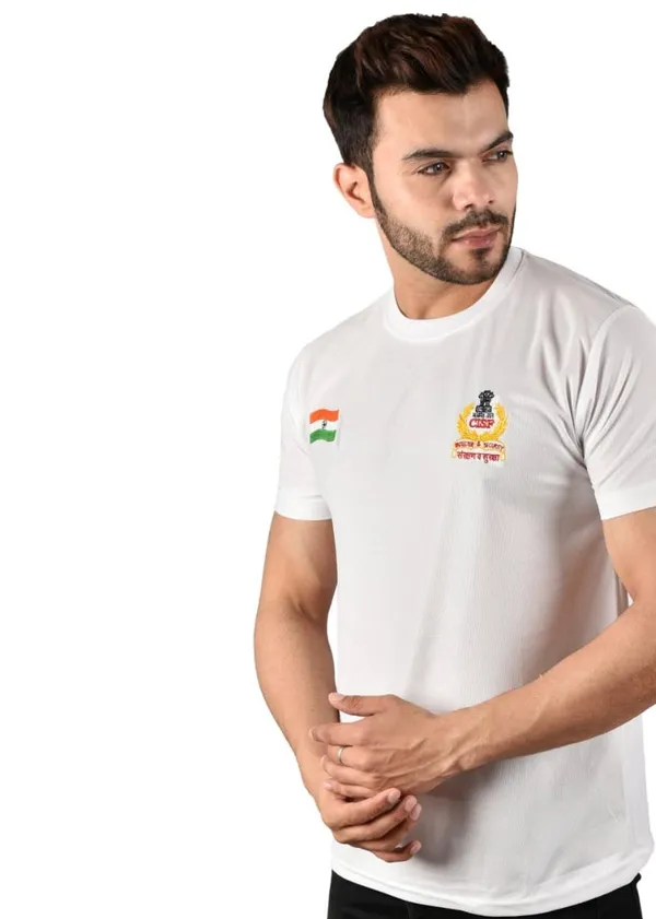 White_Cisf_Indian_National_Flag_Tiranga_Logo_Round_Neck_T_Shirt_Half_Sleeve_Army_Military_Defence_For_Men