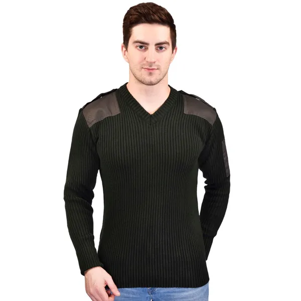 Dark_Olive_Green_Raymond_Indian_Army_Patch_Style_Uniform_Stretchable_Woolen_Full_Sleeves_V_Neck_Pullover_Jersey_Sweater_Sweatshirt_Army_Military_Defence_Police_For_Men